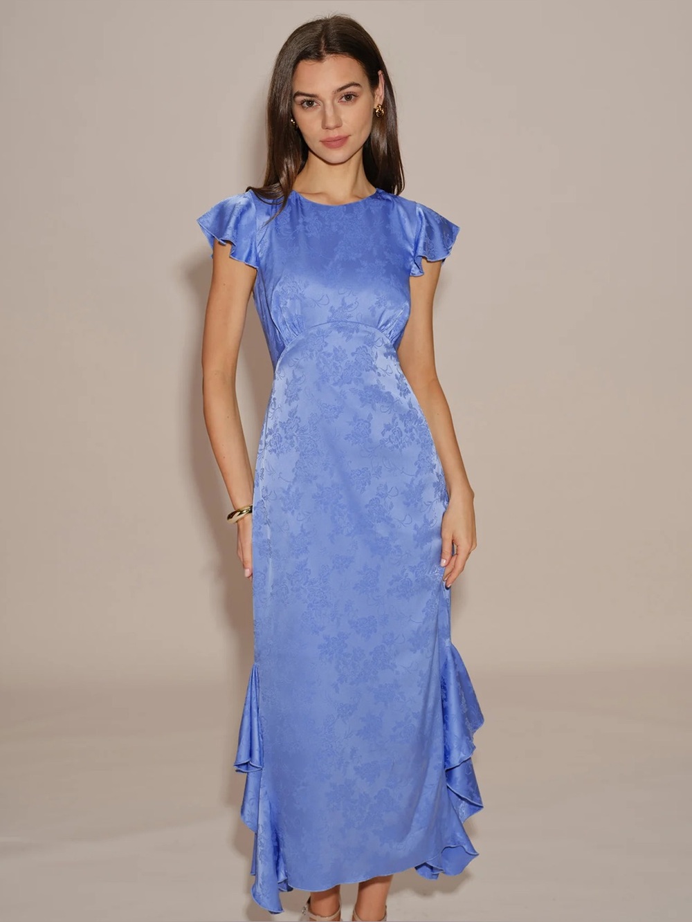 Rihoas Blue Floral Jacquard Midi Dress with Flutter Sleeves
